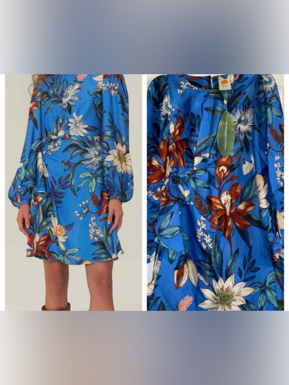 Farm Rio Surreal Floral Blue Long Sleeve Mini Dress Medium